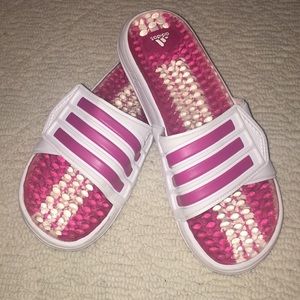 Pink and white Adidas slides!